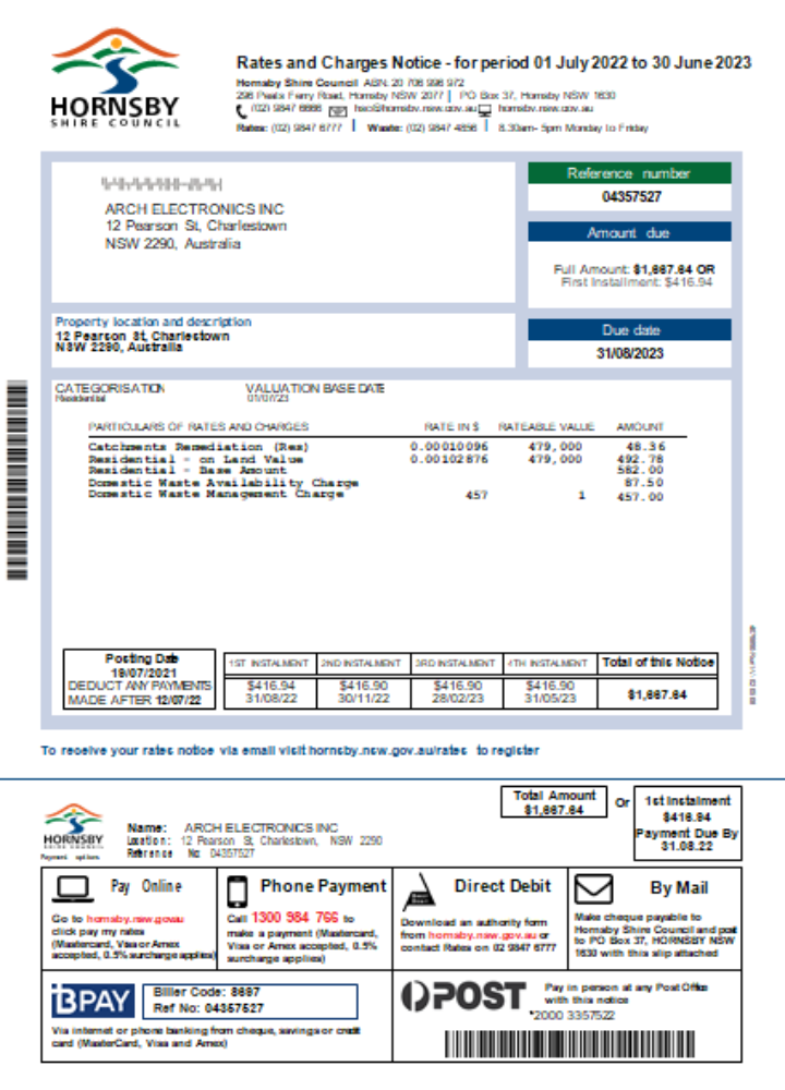 NSW Hornsby Shire Council utility business bill SCR PSD template